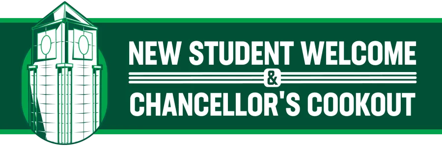 New Student Welcome and Chancellor's Cookout logo with the University clock tower